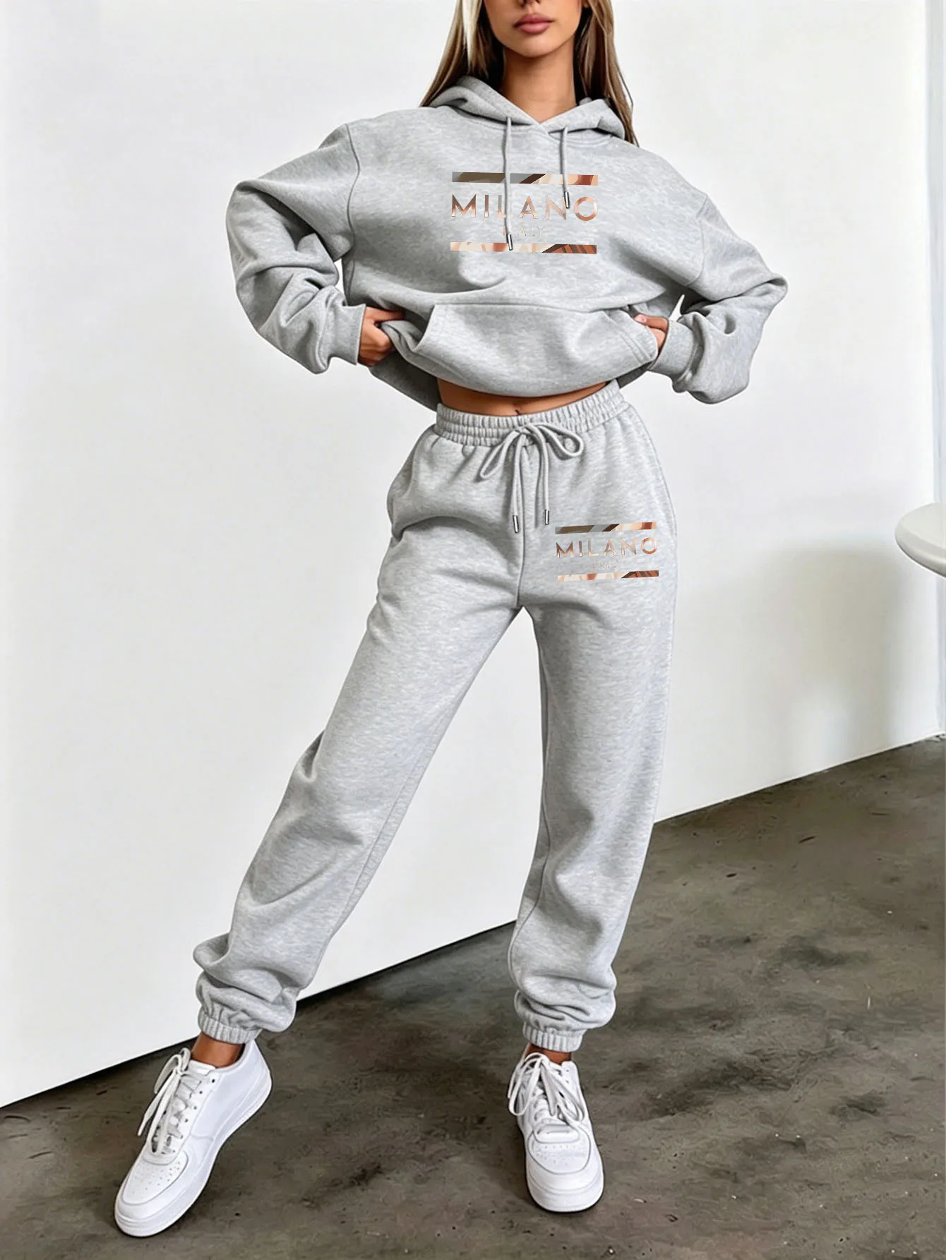 Women 2Pcs Autumn Winter Tracksuit, Drawstring Hoodie & Sweatpants Set, Metal Gradient MILANO City Letter Print, Luxury Metallic