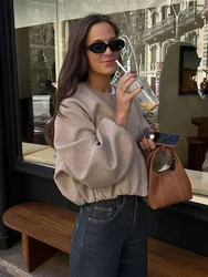 Women Fashion Zip O-neck Bomber Cropped Jacket Casual Solid Pockets Long Lantern Sleeve Short Loose Coat New Lady Outerwear