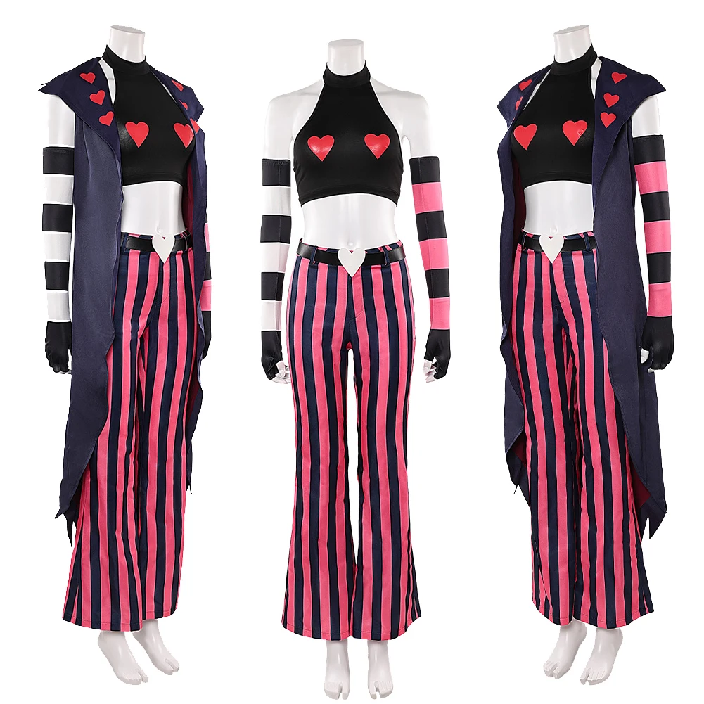 تمويه التلفزيون الجحيم نزل 2 المخملية تأثيري حلي سروال مخطط عباءة سوداء الملابس مجموعة هالوين كرنفال موحدة ملابس النساء