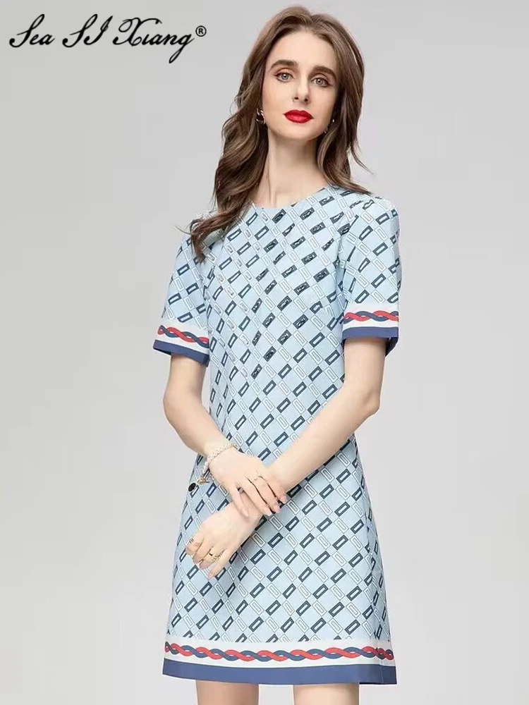 

Seasixiang Fashion Designer Spring Summer Dress Women O-Neck Short Sleeve Diamonds Geometric Print High Street Mini Dresses