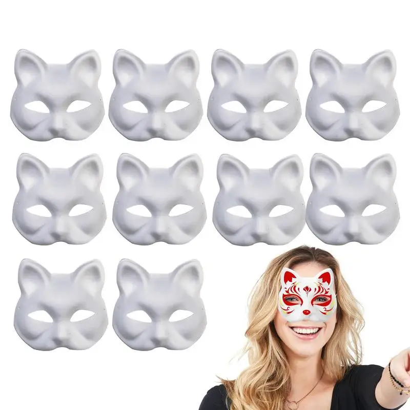 10Pcs Blank White Mask Halloween Cosplay Cat DIY Paintable Half Face Mask Animal Costume Party Decorate Craft Prop