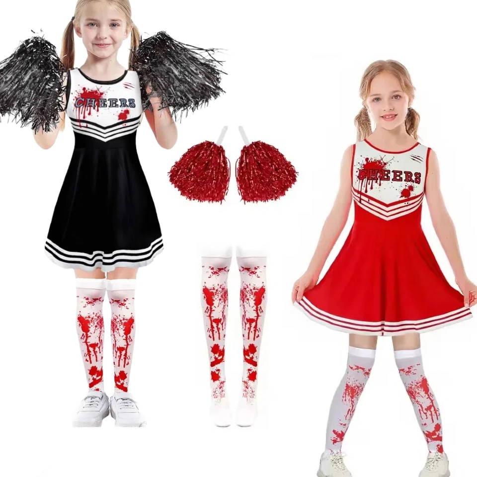 

Halloween Costumes Scary Blood Cosplay Clothing Girls Digital Printing Cheerleader Dress Hand Flowers Suit Cheering Team Costume