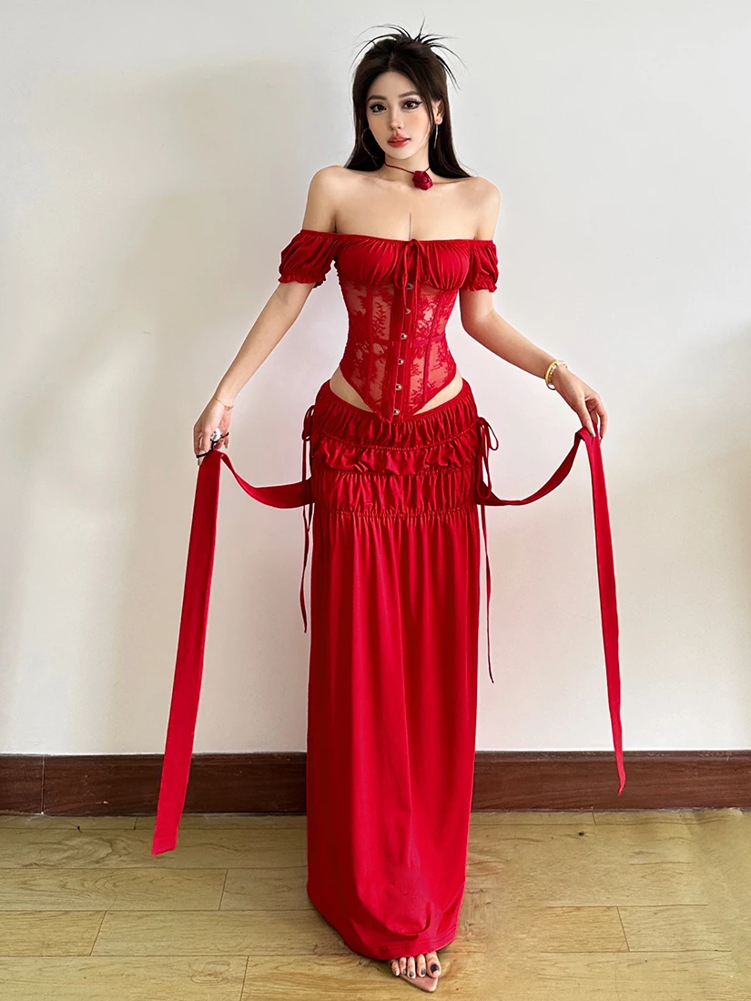 

SylCue Sexy Lace Single Button Asymmetrical Shoulder Top Half Skirt Set Women's Fashion Summer Outfit Polyester Blend