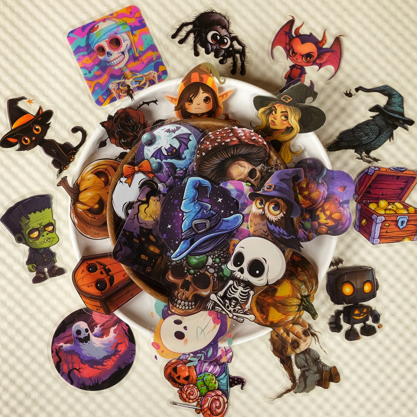 50pcs PET Halloween stickers, featuring cartoon ghosts, black cats, waterproof witches designs for holiday parties gifts for kid