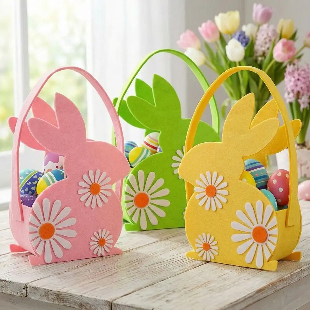 Multi-functional Colorful Easter Felt Basket Cute Cartoon Rabbit Egg Basket with Handle Chicken Tote Bag Easter Egg