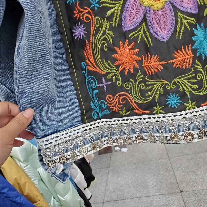 

Embroidery Sequins Tassel Denim Jacket Coat Women Boho Vintage Blue Cowboy Outerwear Loose Short Jeans Jackets Female Streetwear