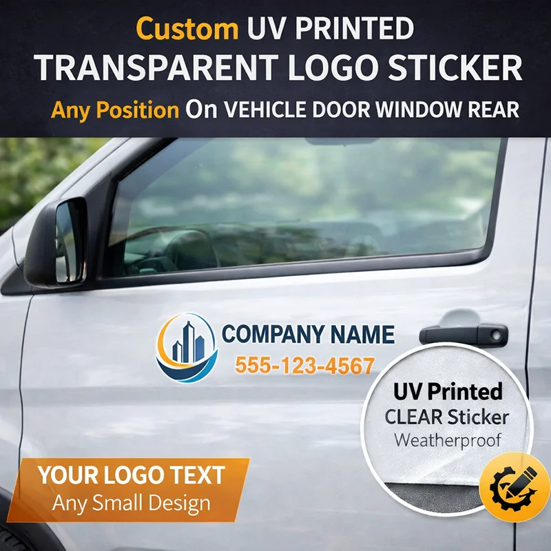 

Custom UV Printed Transparent Logo Sticker for Vehicle Window Door Small Size Decal