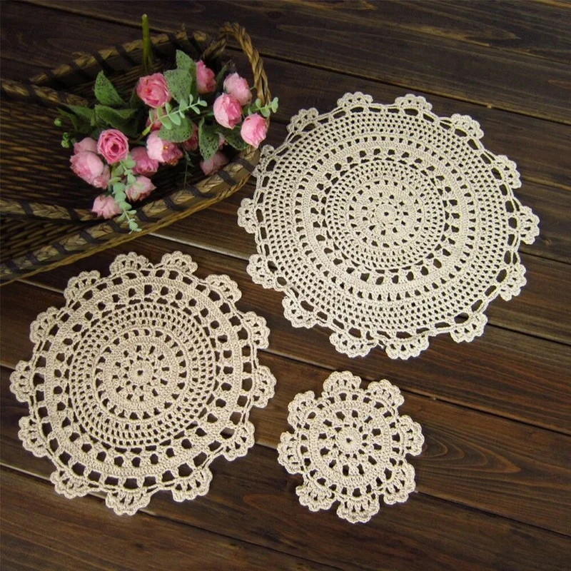 4Pcs/Lot Vintage Hand Crochet Lace Cotton Doilies Round Flower Coasters Beige 6