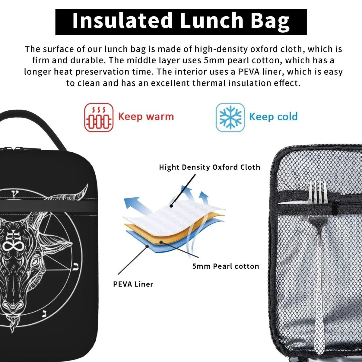 Baphomet Goat Head With Pentagram Or Satanist Symbol Insulated Lunch Bag Women Kids Portable Food Boxes Thermal Lunch Box Tote