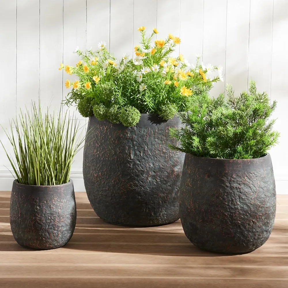 

17.3"+12.9"+9.0" Dia Weathered Concrete Flower Pots, Modern Round Style Concrete Planter for Home, Garden, Patio, Courtyard