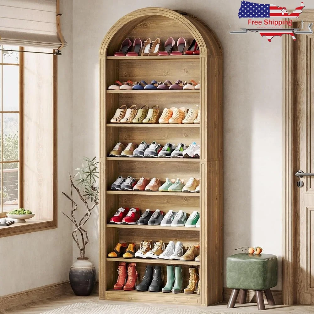 

8-Tier Shoe Storage Cabinet Freestanding Organizer Large Wooden Shoe Rack Entryway Hallway Closet Space Saving Solution