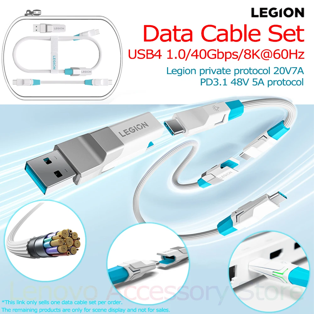 

Lenovo Legion Data Cable Set 240W USB4 Emarker Chip Fast Charging Protocol PD3.1 48V 5A with 20V 7A Extension AtoC Adapter DP2.0