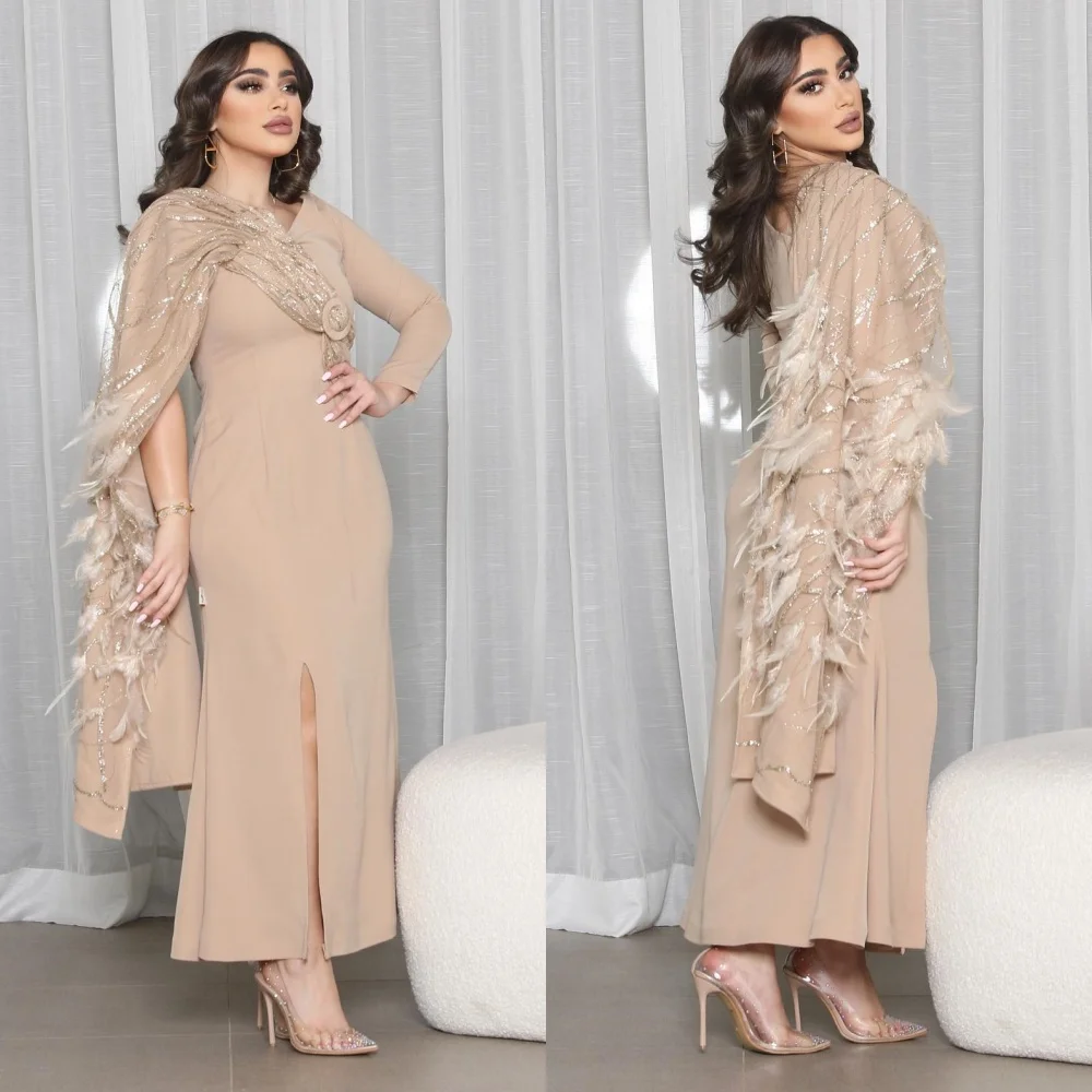 

Jiayigong Jersey Feather Sheath V-neck Bespoke Occasion Gown Midi es Saudi Arabia