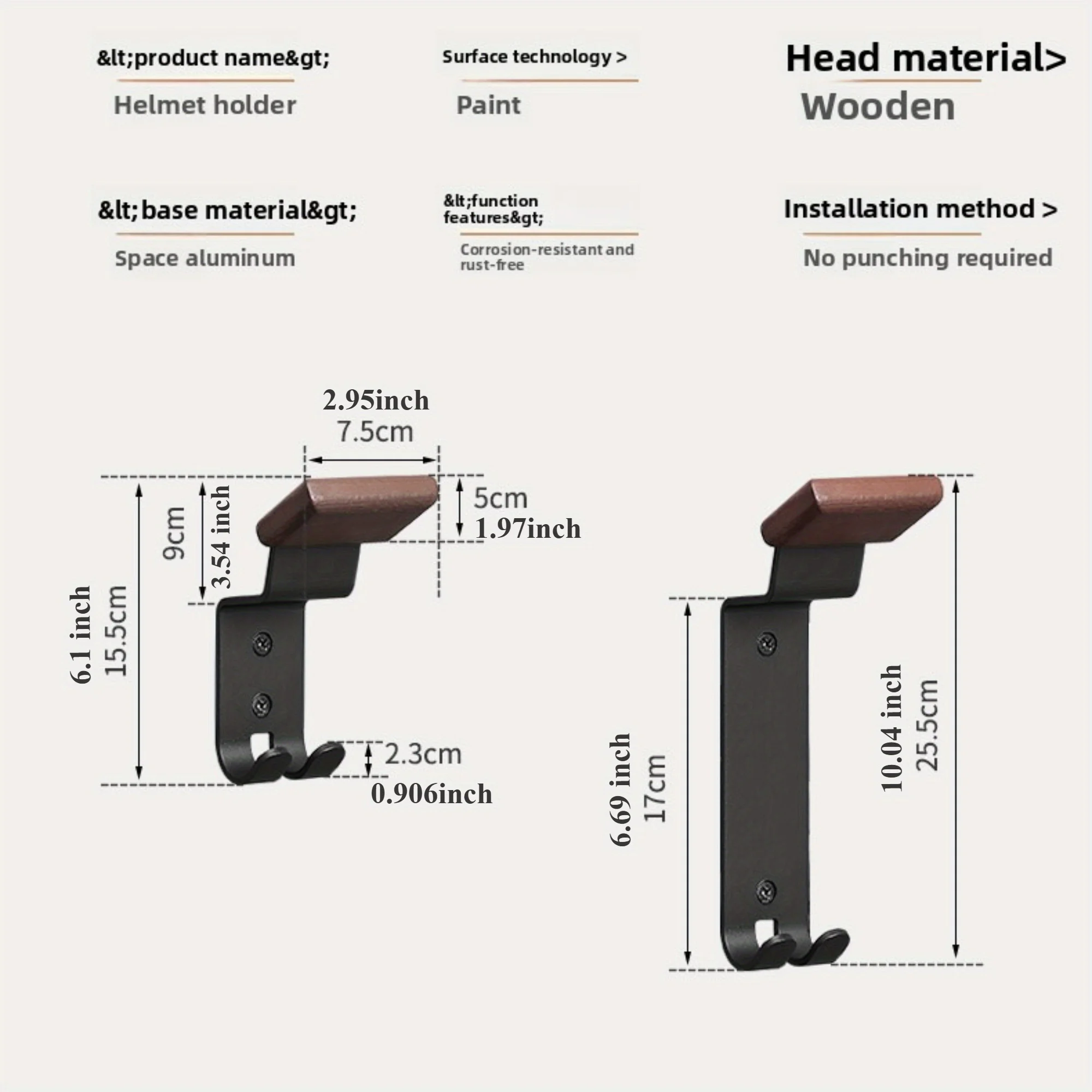 Helmet Rack Wall Mount Wooden & Carbon Steel Rust-Free 6.1/10.04 inch for Motorcycle Garage
