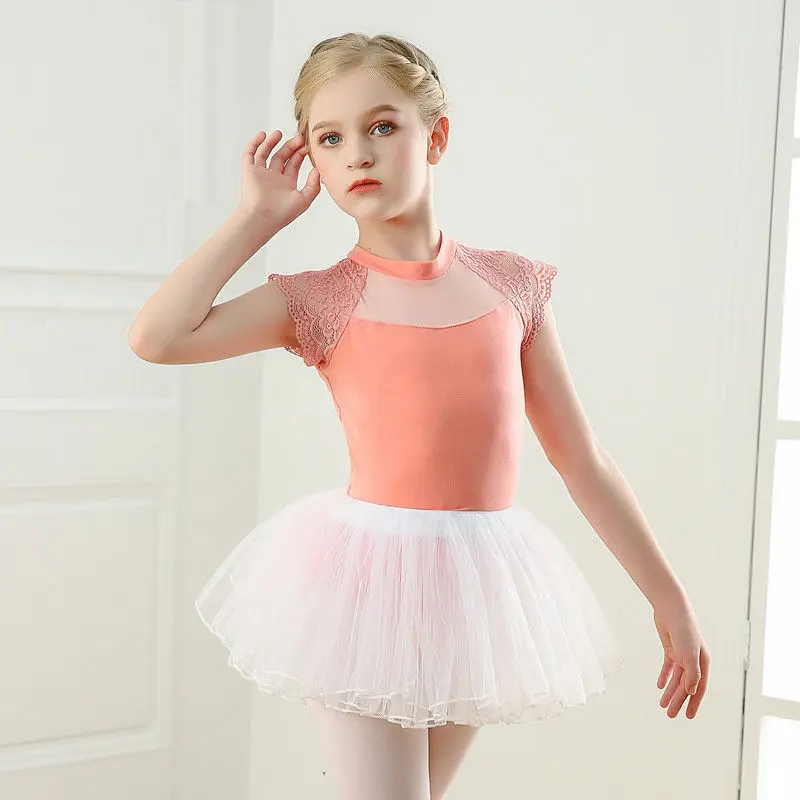 Cute Girls Dance Ballet Sets Lace Leotard Tutu Summer Child Short Sleeve Bodysuit Skirts for Dancewear Performance