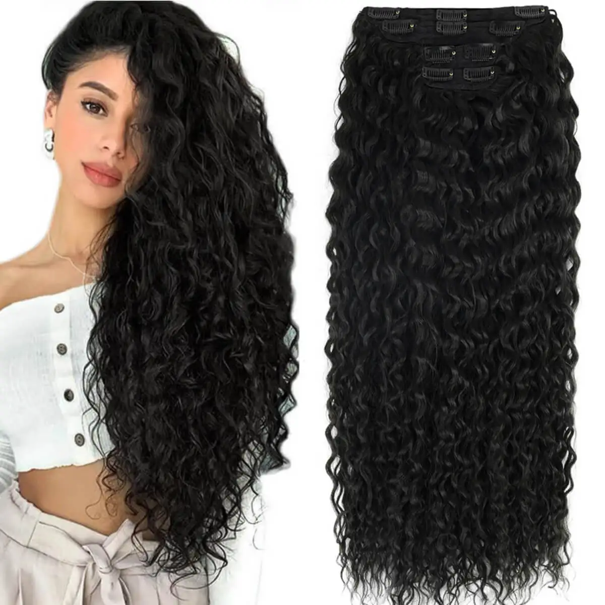 28\'\' Synthetic Kinky Curly Clip-in Hair Extensions Super Long Water Wave Clip In Hair 160-200grams 4 Pcs Full Head Hair Pieces