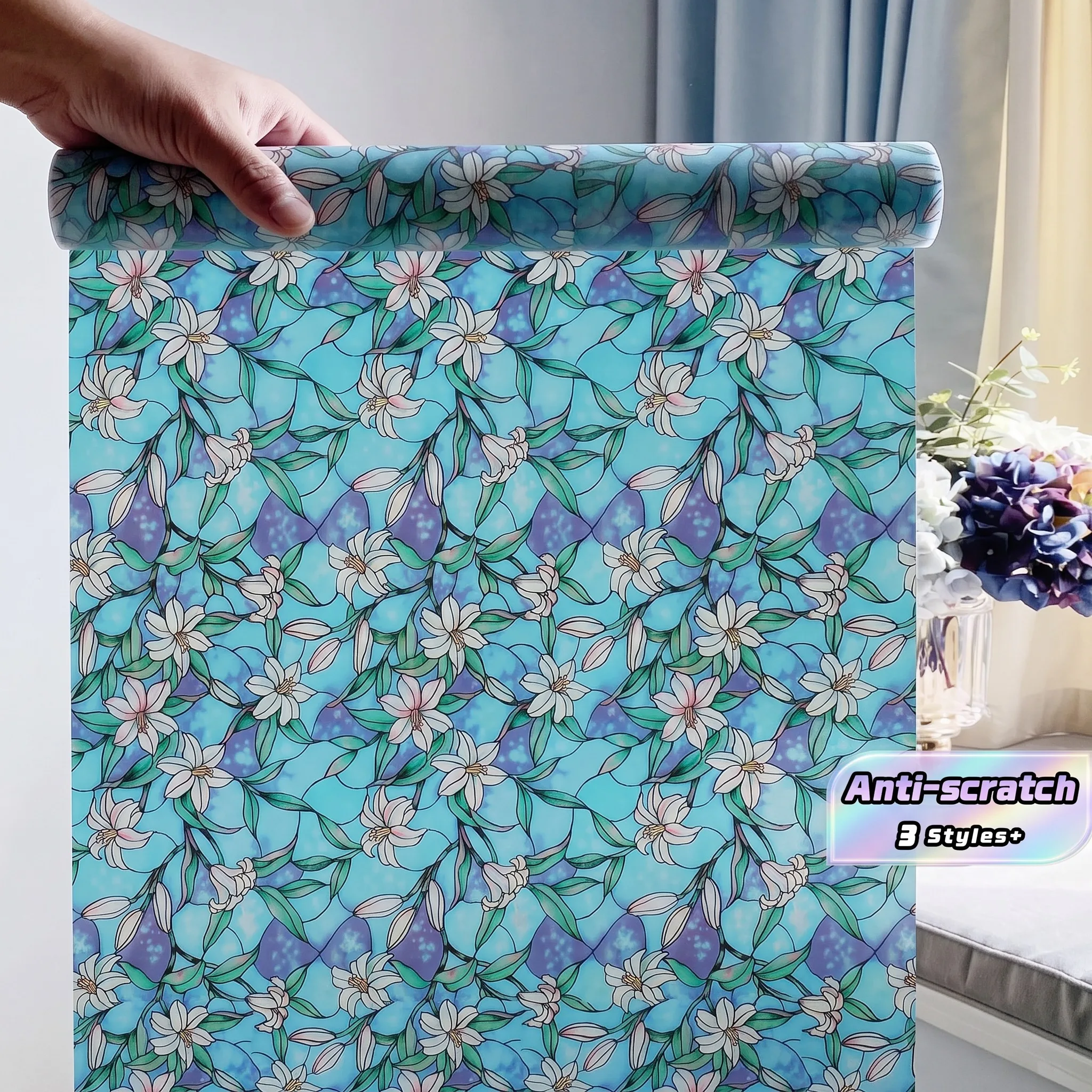 Blue Floral Window Film Stained Glass Privacy Anti Scratch Cut to Size Static Cling for Home Bathroom Glass Door Decor