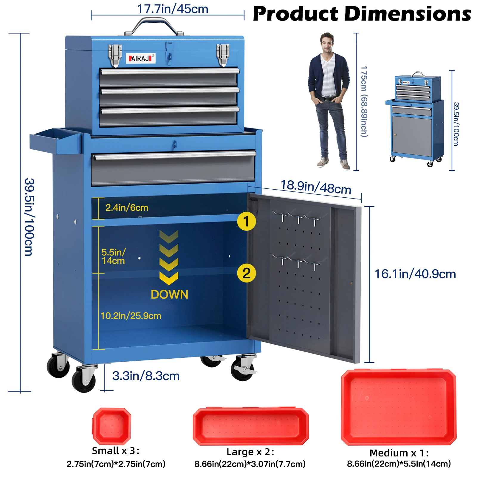 AIRAJ 4-Drawer Rolling Tool Box with Wheels,Includes 5 Free Hooks and 6 Organizer Tray,for Repair Shop Workers,