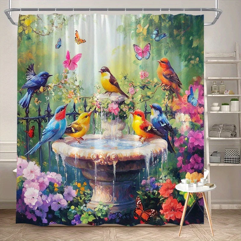 Garden Shower Curtain 180x180cm – Rustic Fountain with Birds & Butterflies, Floral Bathroom Decor, 12 Hooks