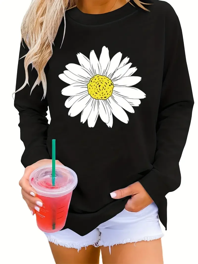 Daisy Print Sweatshirt, Casual Long Sleeve Crew Neck Sweatshirt For Spring & Fall, Women's Clothing