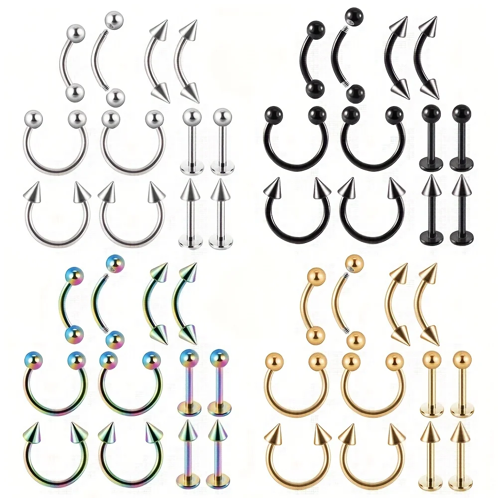 1 Box Of 12 Pcs Cone Ball Horseshoe Nose Rings Stainless Steel Cone Eyebrow Nails And Nose Nails Multi-Color Lip Ring Earrings