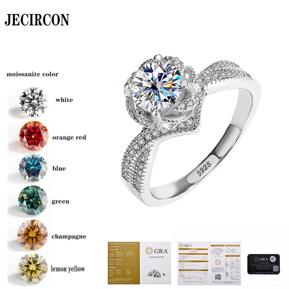 

JECIRCON Fashion Rose Ring Light Luxury Design S925 Sterling Silver 1 Carat Moissanite Diamond Wedding Band for Women Proposal