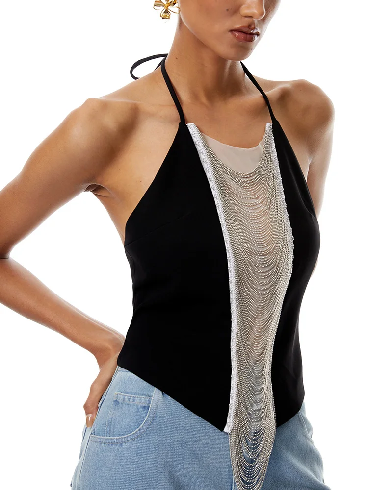 

Уличный стиль, модная черно-серебристая бретелька с лямкой на шее и открытой спиной, с цепочкой и бахромой, для вечеринки, выпускного вечера, сексуальная одежда Galas