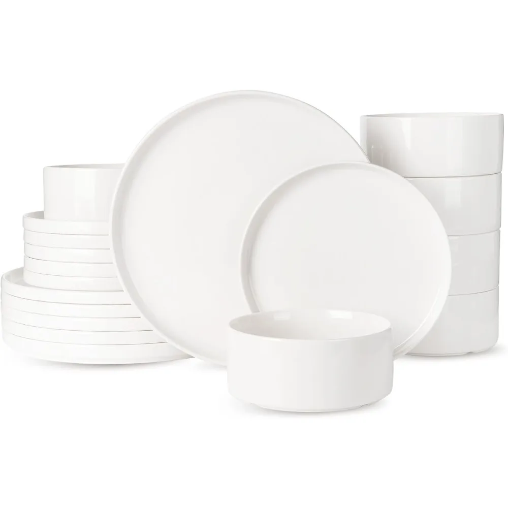 

Famiware Porcelain Dinnerware Set, 18-Piece Modern Plate and Bowl Set, dish set for 6, Microwave and Dishwasher Safe Tableware,