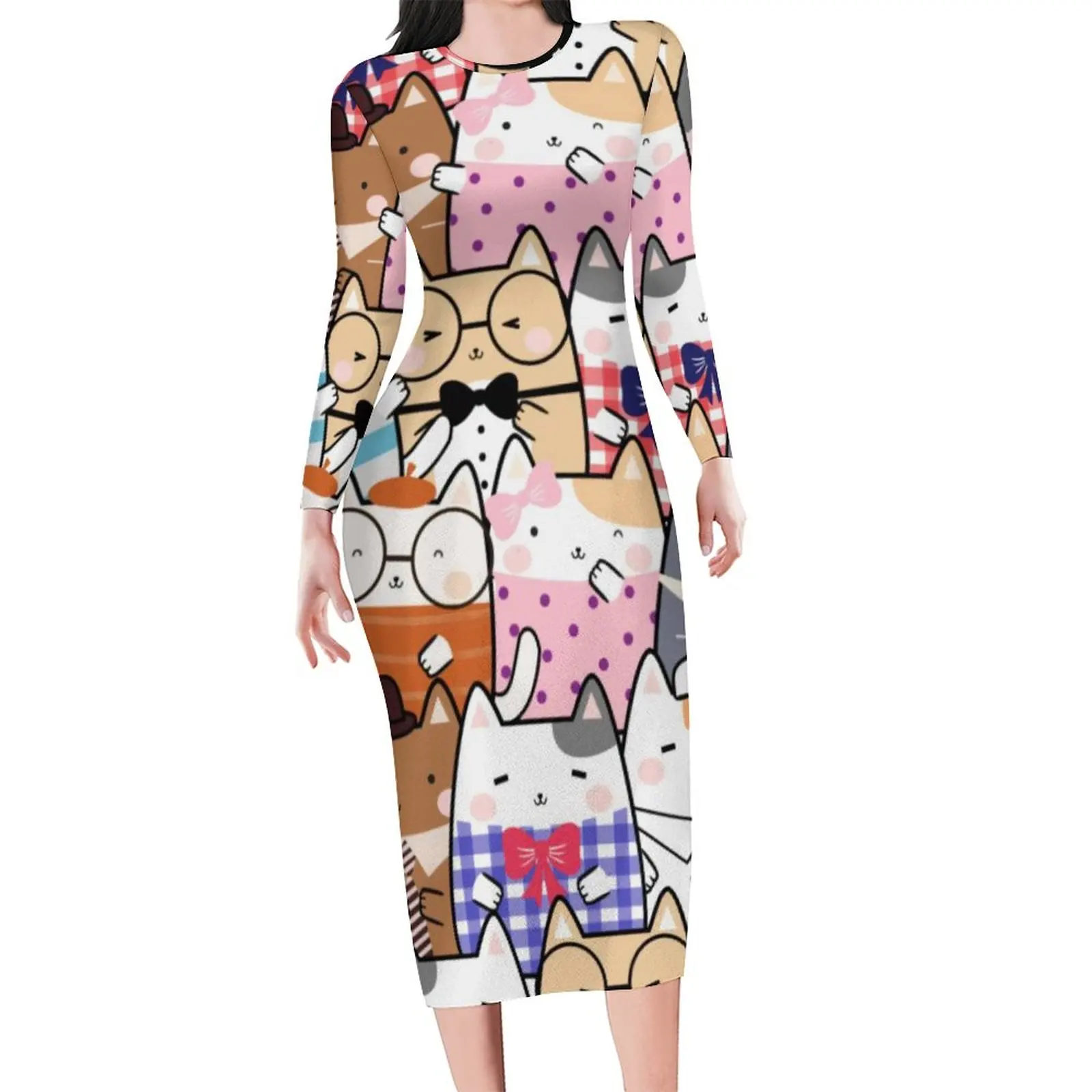 Whimsical Cat Dress Womens Kitten Cartoon Illustration Vibrant Aesthetic Bodycon Dress Holiday Long Sleeve Night Club Dresses