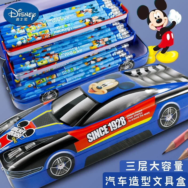 Disney Automobile Three-layer Stitch Pencil Case Cartoon Spiderman Car Stereo Pencil Box Learning Gift Multi-function Stationery