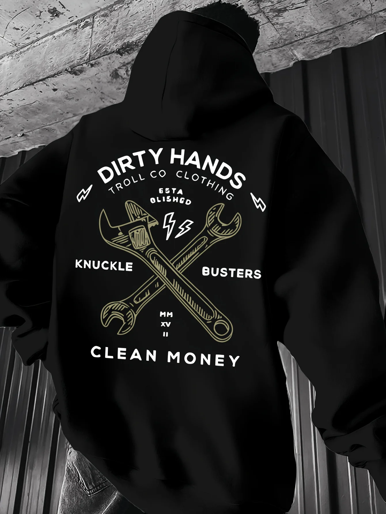 

Men's Thickened Fleece Hoodie - Mechanical Wind Pattern Printed Loose Street Sweater, Machine Washable Warm Winter Clothing