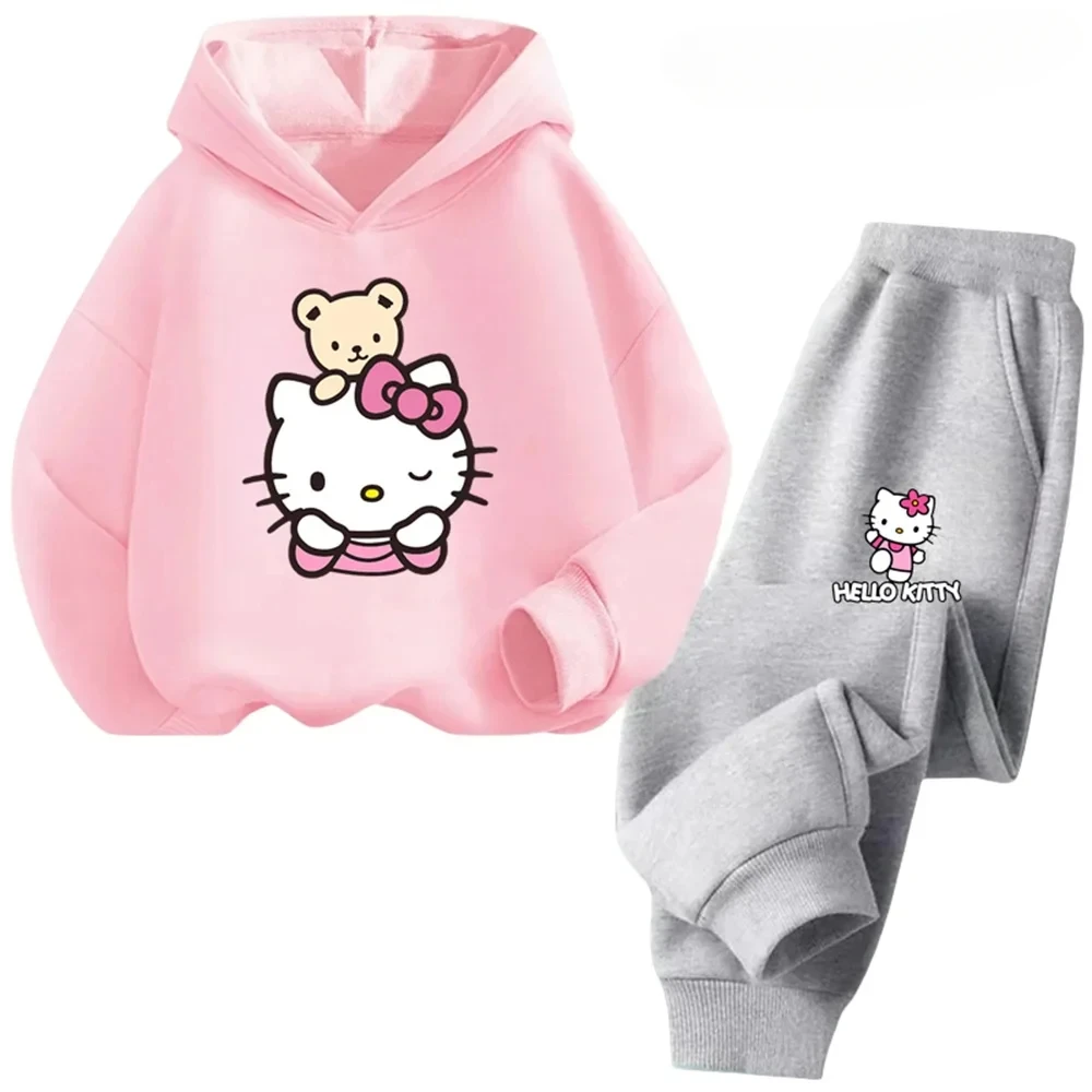 Kawaii Anime Hello Kitty Children Hoodie + Trousers 2pcs Sets Spring Autumn 3-14 Age Kids Girl Casual Clothes Fashion Sportsuits