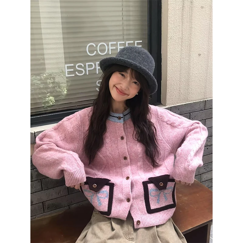 

MEXZT Kawaii Cropped Knitted Cardigan Women Harajuku Pink Bow Sweater Outerwears Winter Korean Knitwears Patchwork Jumpers New