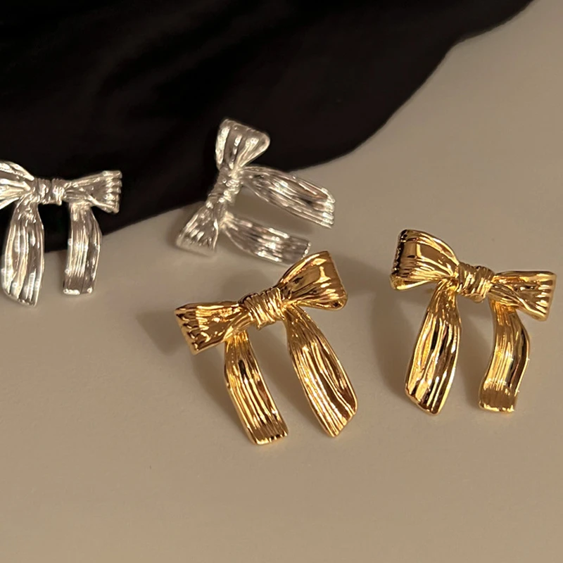 

Punk Women Polished Metal Textured Ribbon Bowknot Ear Stud Stainless Steel Bow Stacked Hoops Dangle Earrings France Jewelry Gift