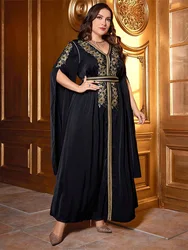 Moroccan A-line Evening Dresses Party Kaftan Dress Luxury Black Embroidery V-neck Plus Size Gown Robe Muslim Chiffon Dress 2024