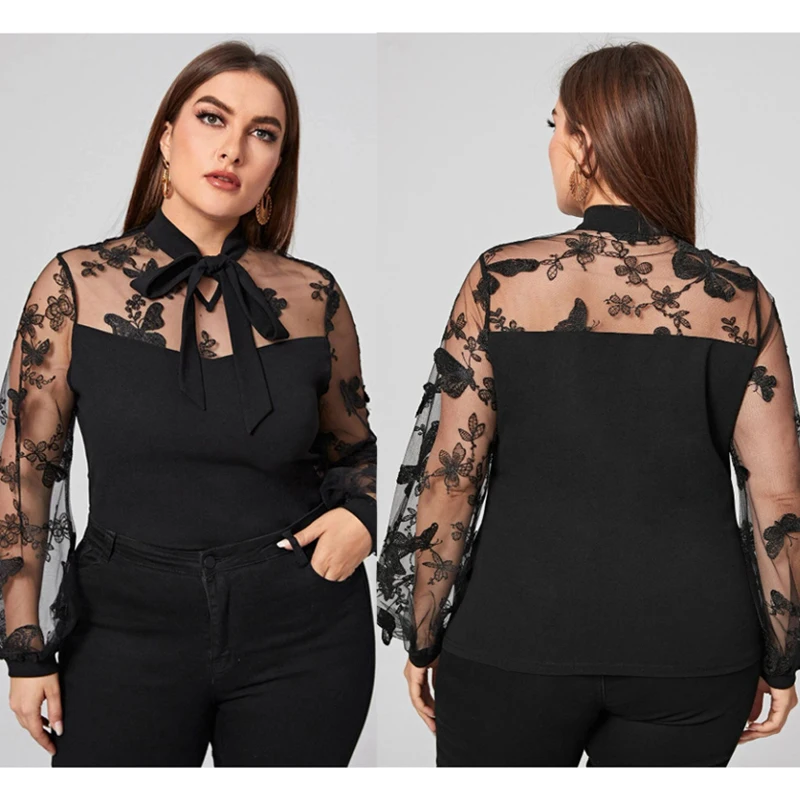 

plus Size Women's Spring Casual Loose T-irt Lace Blouse Top Street Sle V-Ne Long Sve Pure Color Me Evening Sun 03