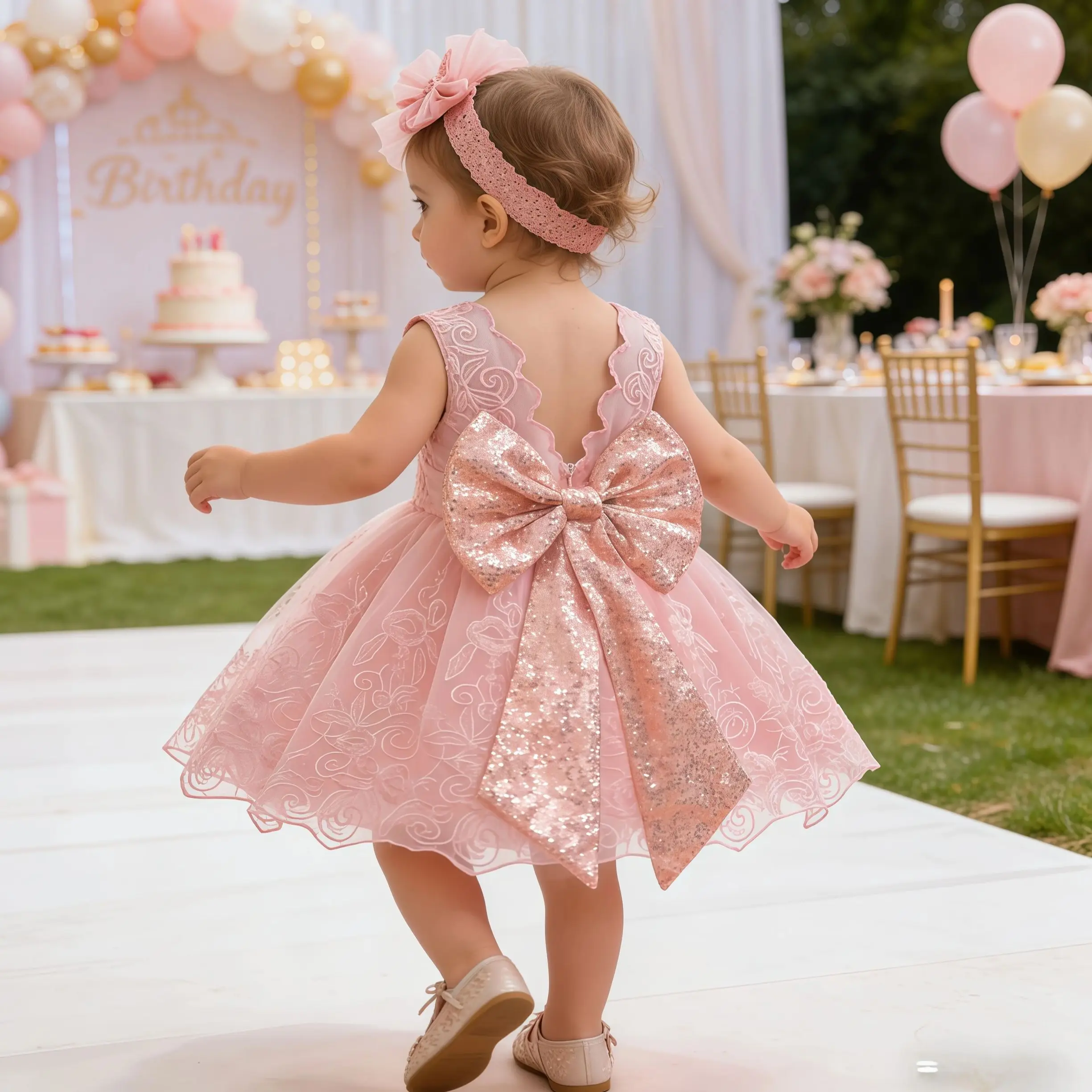 

Baby Girls Sequins Lace Princess Dress With Headband For Infant Newborn Christening Baptism 1 Year Birthday Party Formal Vestido