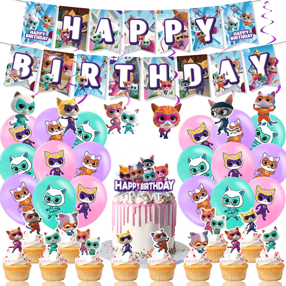 

Super kitties Party Decoration Banner Spirals Cartoon Cat Children's Happy Birthday Gift Kitty Balloon Party Supp for Baby Show