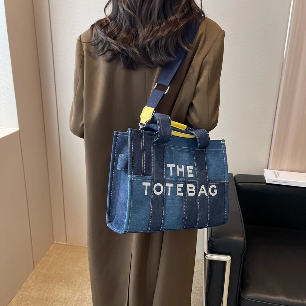 Vintage Top-handle Bag Women Girls Denim Splicing Shoulder Totes Aesthetic Washable Elegant with Zipper for Office Travel School