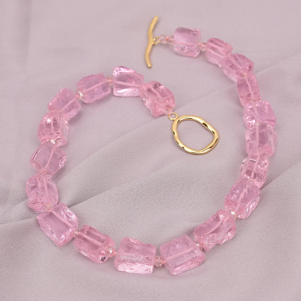 G-G 18'' Natural Pink Glass Quartz Rough Nugget Crystal Single Strand Choker Necklace Handmade For Women