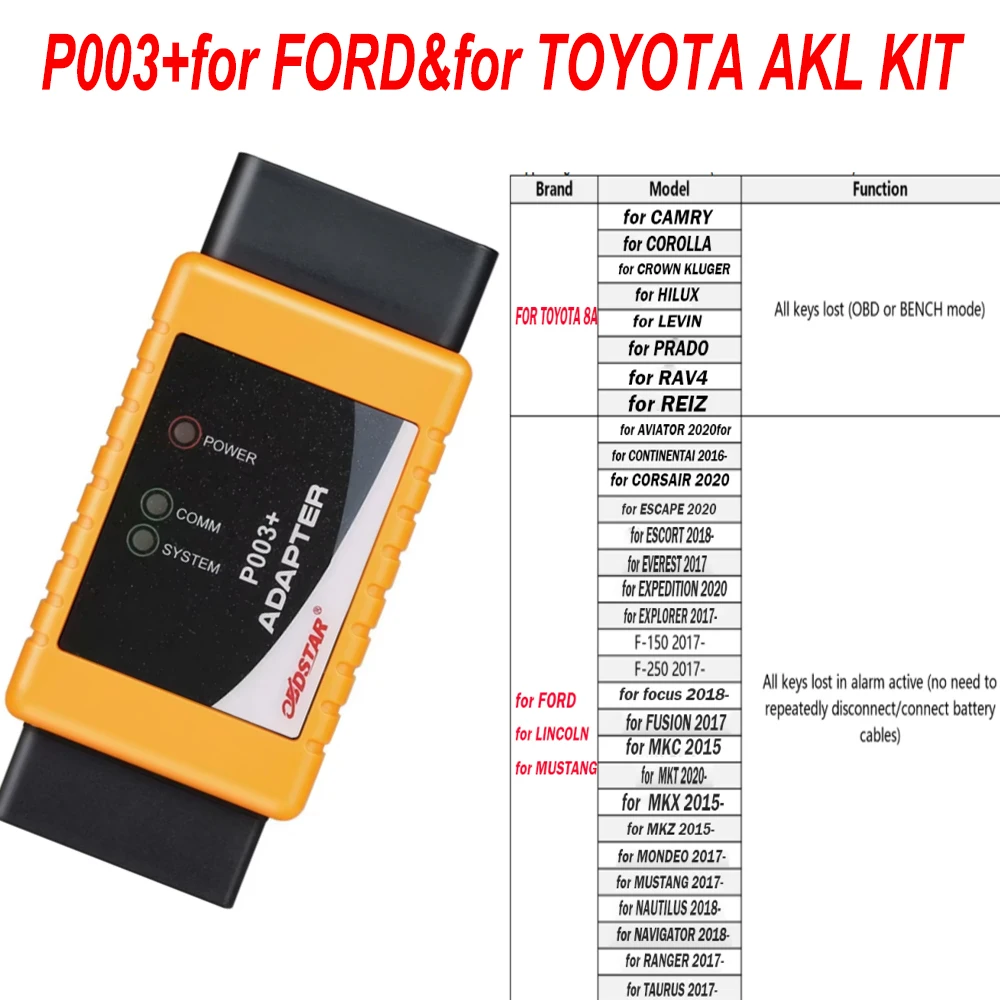 OBDSTAR P003+ AKL KIT for TOYOTA 8A Non-smart Key All Keys Lost and for FORD All Keys Lost  Programming Tools
