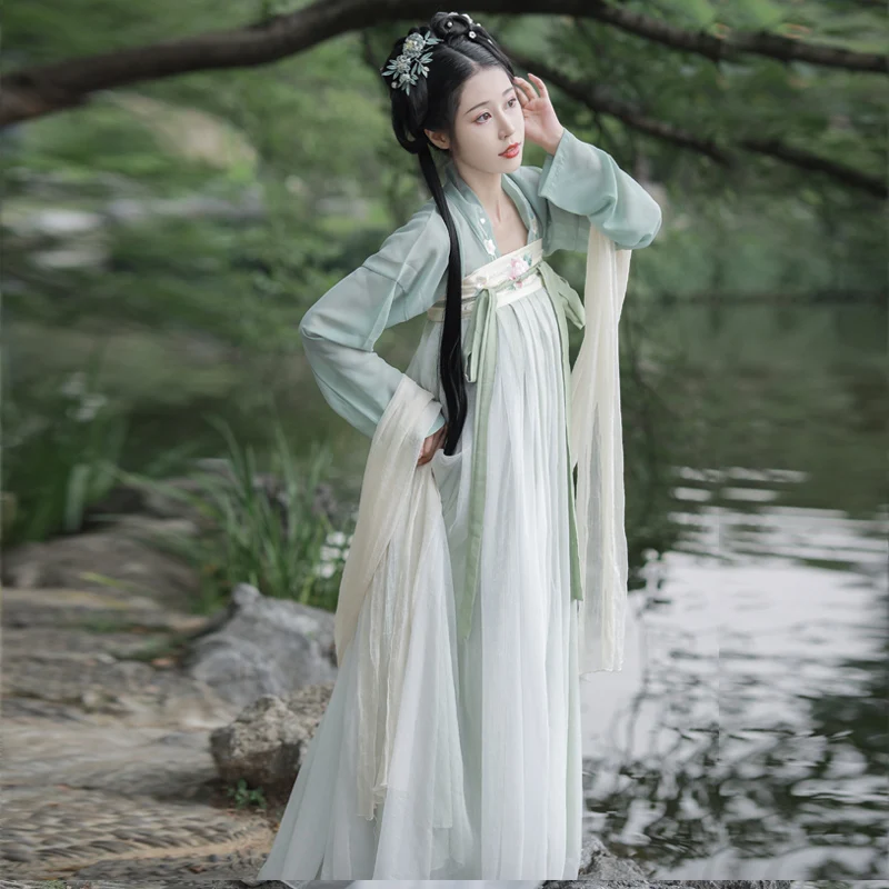 Traditional Hanfu for Women 2023 Spring Chinese Tang Dyansty Green Purple Fairy Chest Length Skirt Embroidery Costumes Full Sets