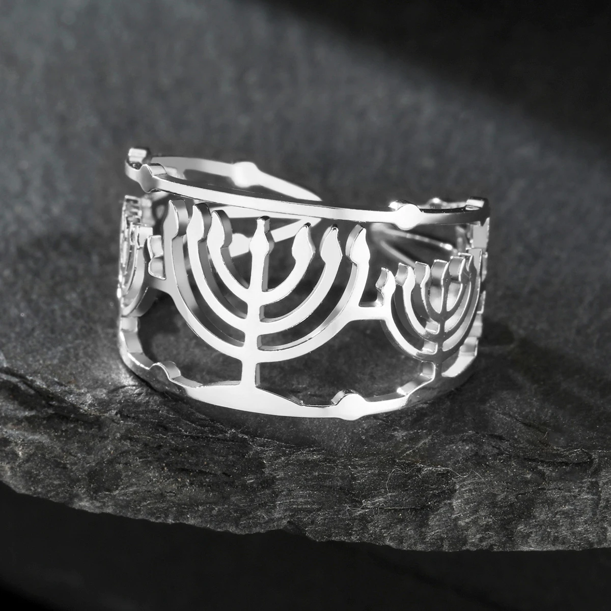 LIKGREAT Menorah Ring Women Adjustable Stainless Steel Wedding Band for Men Religious Jewish Jerusalem Ring Hanukah Jewelry Gift