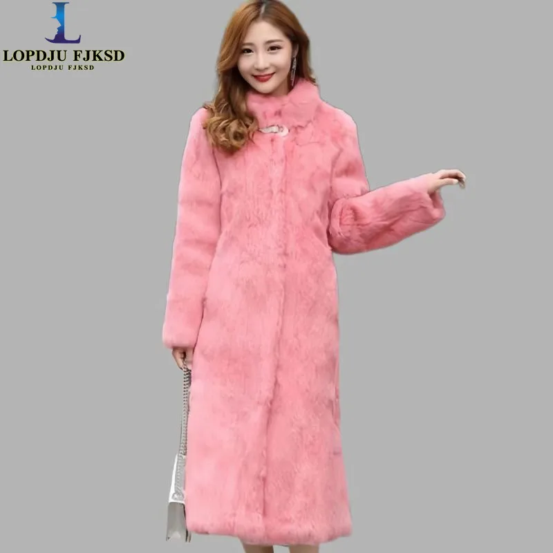Real Rex Rabbit Fur Coat Women Autumn Winter O-Neck Jacket Thick Warm New Elegant Female Covered Button Outerwear
