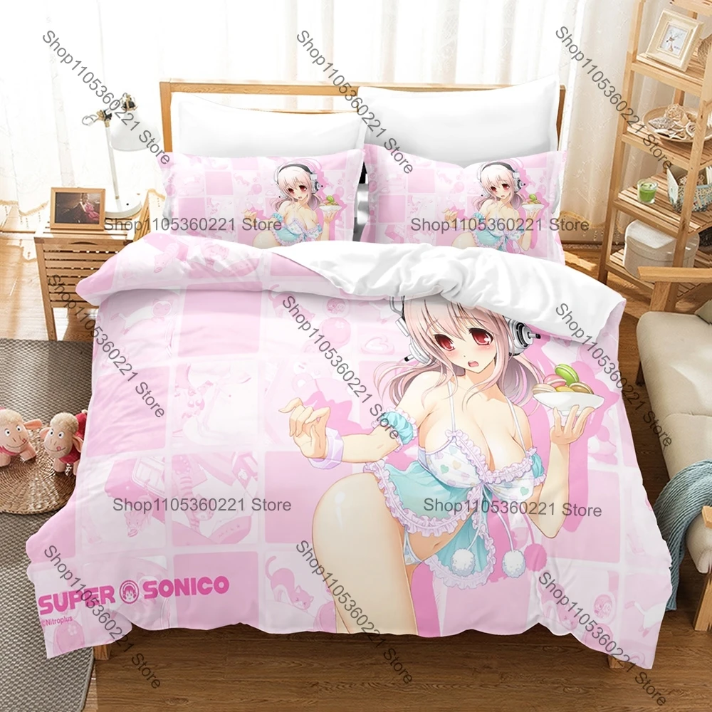 Popular Anime Idol Bedding Set, Duvet Cover & 2 Pillowcases, Vivid Super Sonico Portrait Print Comfortable Household Supplies