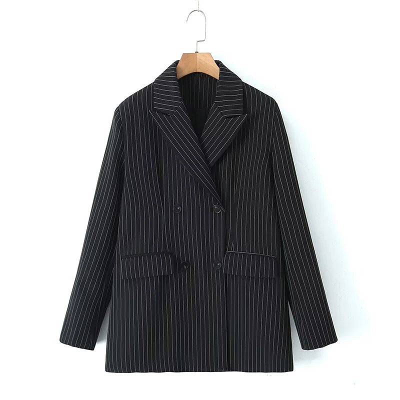 

Women Vertical Striped Elegant OL Blazer Vintage Double Breasted Long Sleeve Office Lady Business Formal Work Wear Suit Jacket