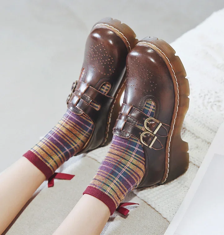 

Genuine leather retro shoes women ankle strap thick sole platform round toe chunky heel party cosplay