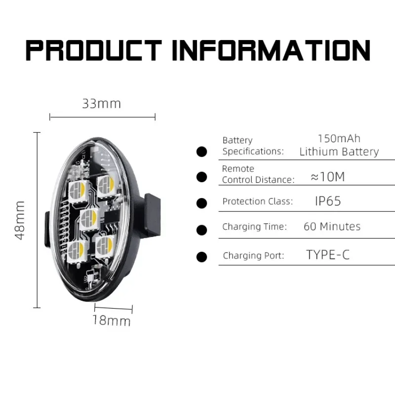 Type-C Safety Wireless RGB LED Warning Light Rechargeable Strobe Taillight Multi Light for Bicycle E-Scooter Motorcycle Helmet