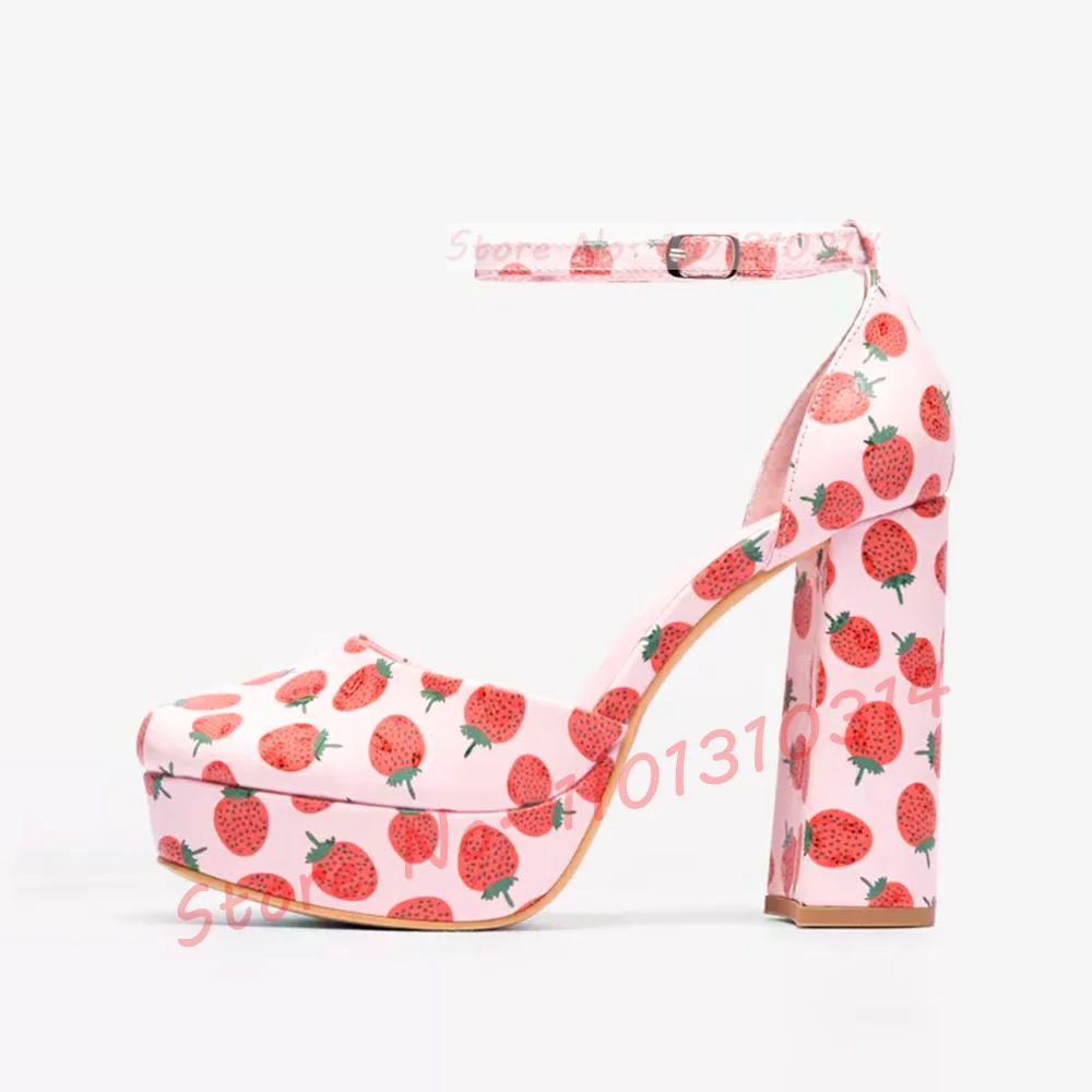 Fruit Print Platform Sandals Women Sweet High Block Heels Round Tip Shoes Summer Hot Light Pink Ladies Ankle Strap Newest Shoes