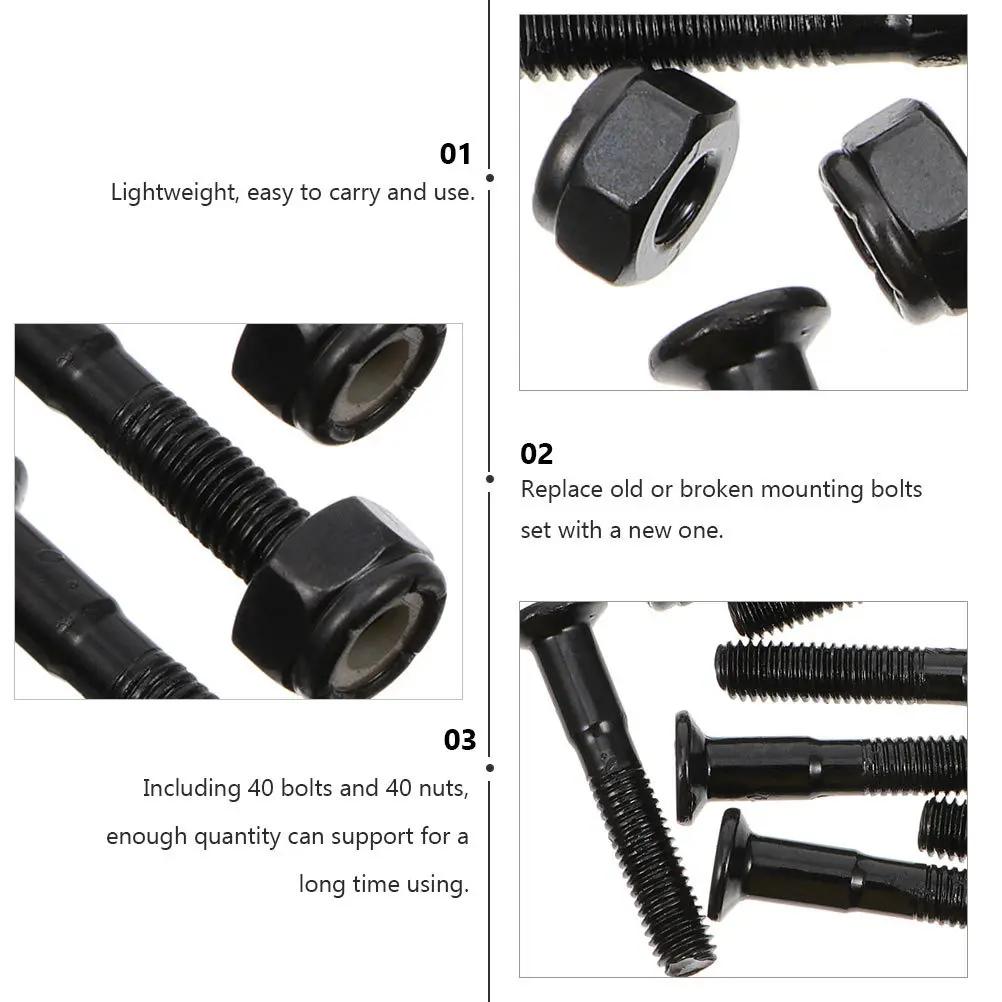 

40Sets Skateboard Mounting Bolts Black Steel Replacement Hardware Set for Longboard Screws Durable Use Skateboard Hardware
